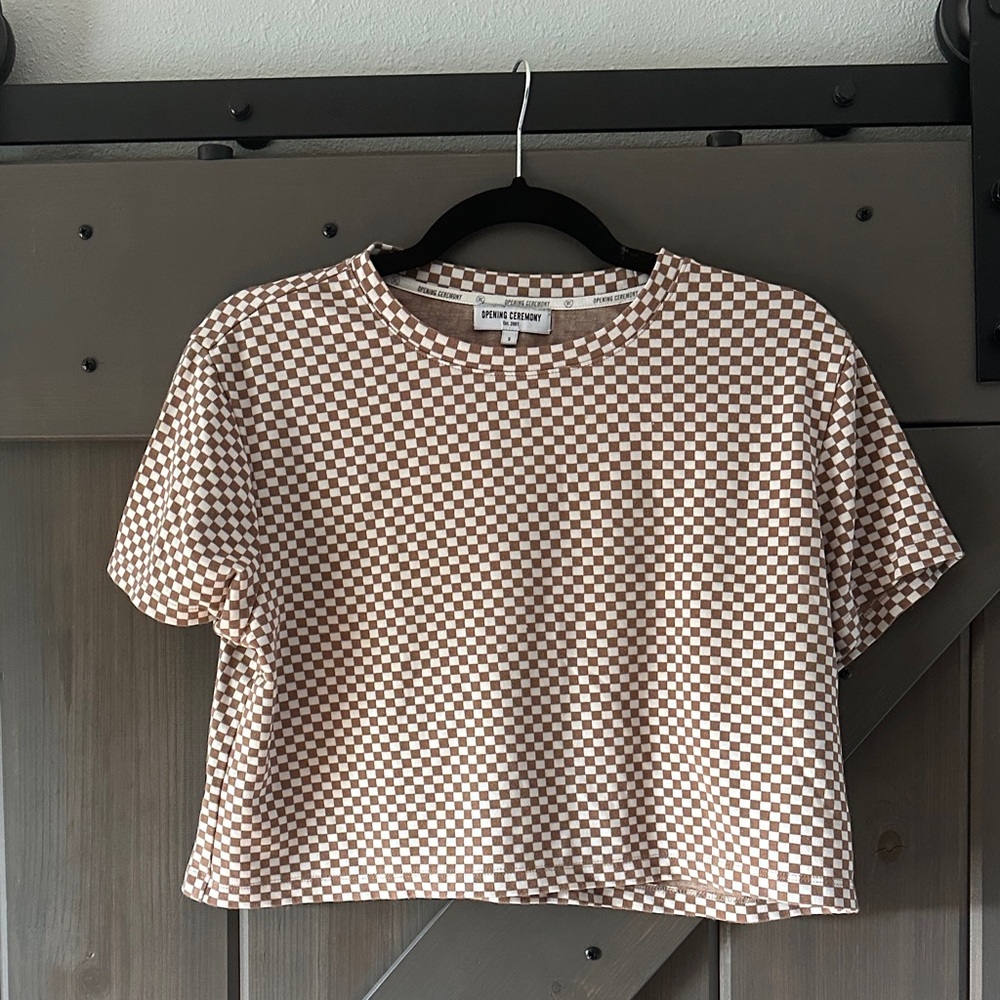 Opening Ceremony Brown and White Checkered Short Sleeve Top - EUC